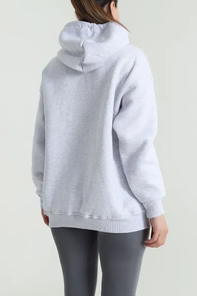 Gri Kapşonlu Şardonlu Üç İp Kadın Sweat 484985