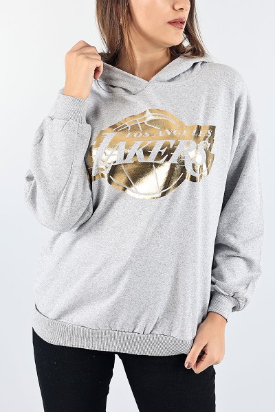 Gri Kapüşonlu Şardonlu Bayan Sweat 88357