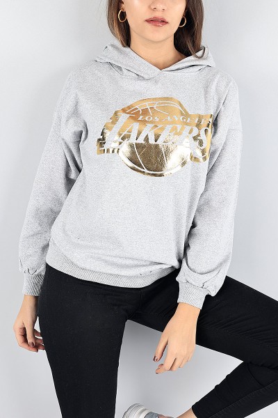 Gri Kapüşonlu Şardonlu Bayan Sweat 88357