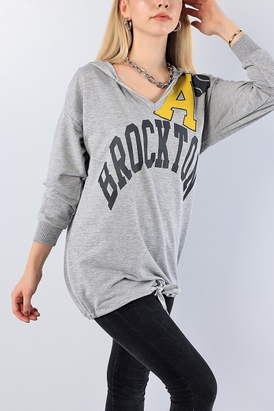 Gri Kapüşonlu Sıkmalı Bayan Sweat 78355
