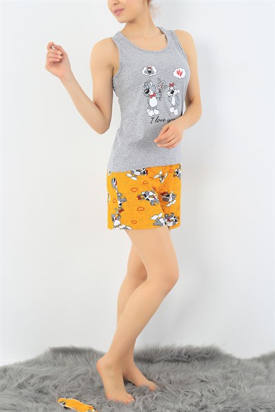 Gri Kedi Baskılı Pijama Takımı 32708