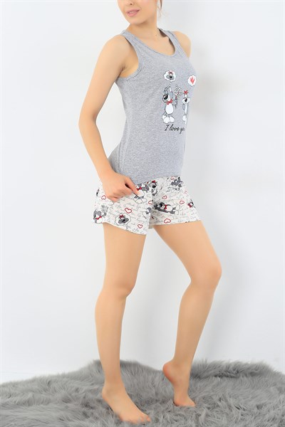 Gri Kedi Baskılı Pijama Takımı 32742
