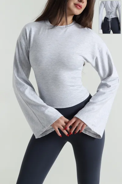 Gri Kuş Gözü Bağcıklı Modal Kadın Bluz 494843