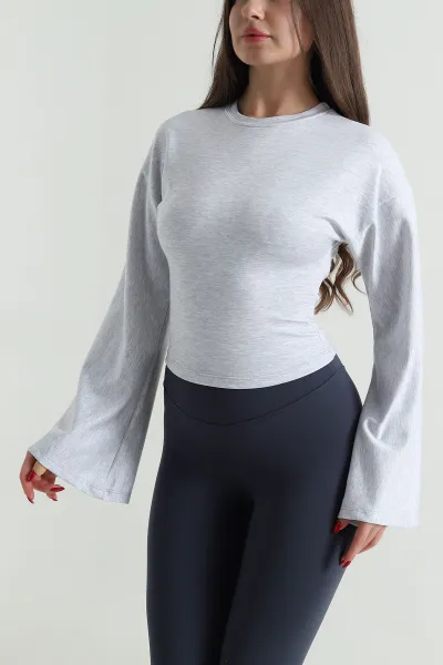 Gri Kuş Gözü Bağcıklı Modal Kadın Bluz 494843