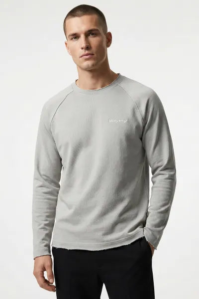 Gri Lazer Kesim Nakışlı Erkek Sweatshirt 422035