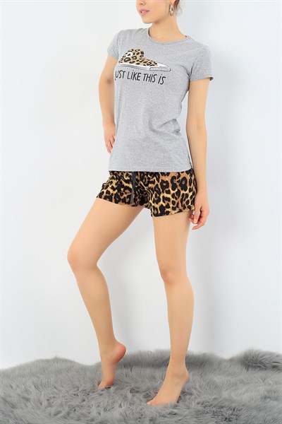 Gri Leopar Desenli Bayan Pijama Takımı 31324