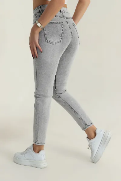 Gri Likralı Boyfriend Mom Kadın Kot Pantolon 409552