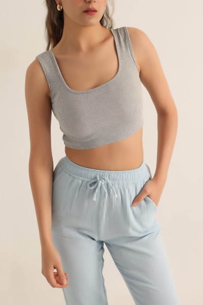 Gri Likralı Fitilli Crop Atlet 180256