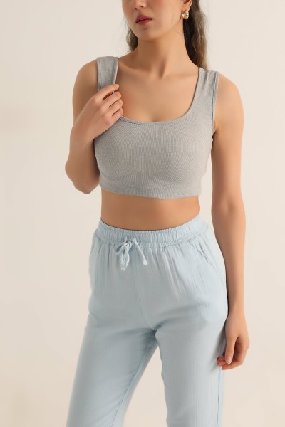 Gri Likralı Fitilli Crop Atlet 180256