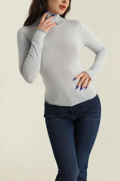 Gri Likralı Viskon Dik Yaka Kadın Bluz 423771