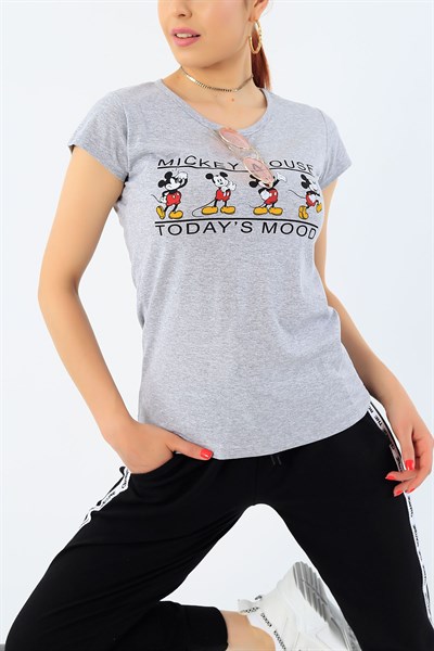 Gri Mickey Mouse Baskılı Bayan Tişört 32279