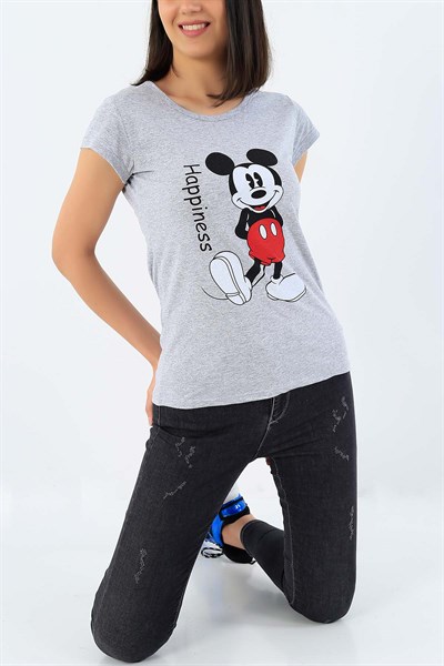 Gri Mickey Mouse Baskılı Bayan Tişört 32272
