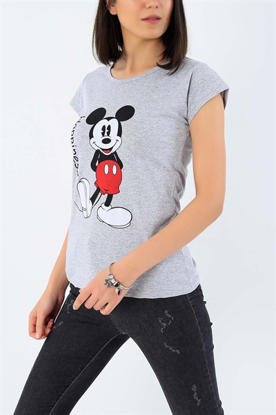 Gri Mickey Mouse Baskılı Bayan Tişört 32272