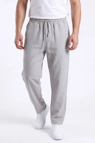 Gri Müslin Keten Belden Bağlamalı Baggy Erkek Pantolon 473027