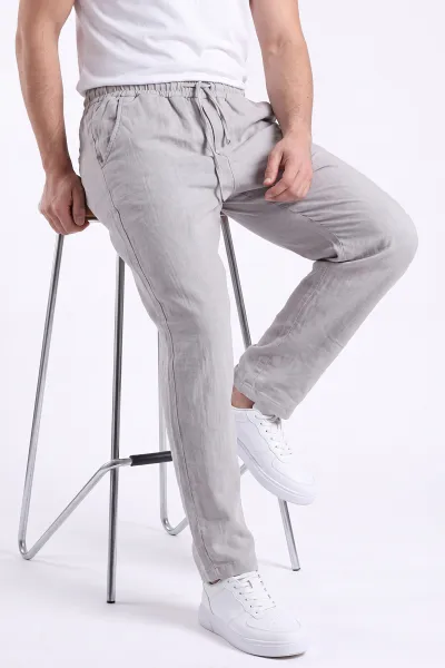 Gri Müslin Keten Belden Bağlamalı Baggy Erkek Pantolon 473027