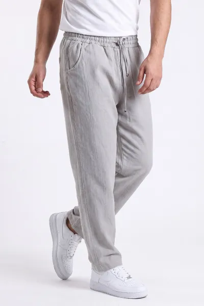 Gri Müslin Keten Belden Bağlamalı Baggy Erkek Pantolon 473027