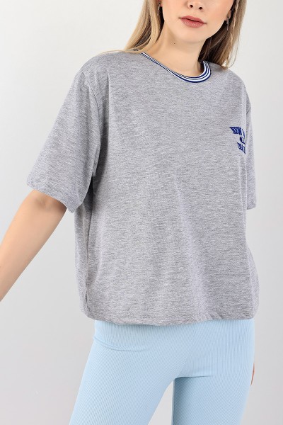 Gri Nakışlı Çizgili Yaka Bayan Tişört 103062