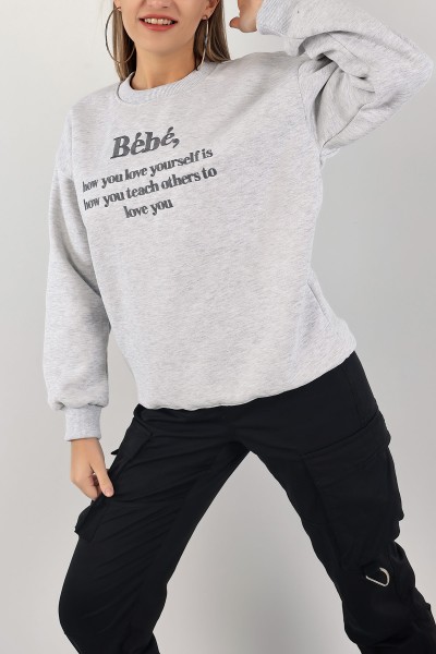 Gri Nakışlı İçi Şardonlu Bayan Sweat 139395