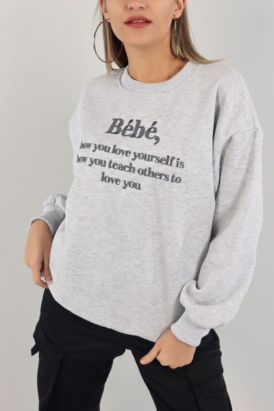 Gri Nakışlı İçi Şardonlu Bayan Sweat 139395