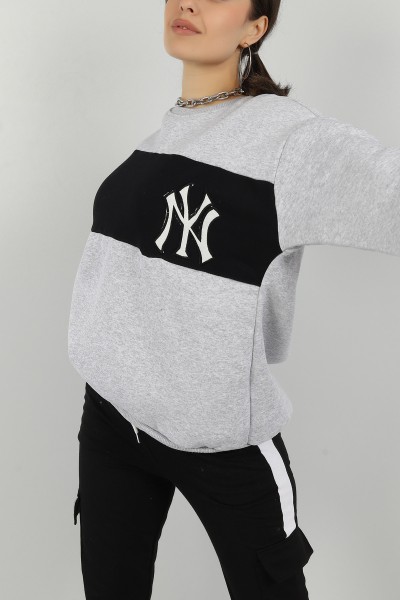 Gri Nakışlı İçi Şardonlu Bayan Sweat 146291
