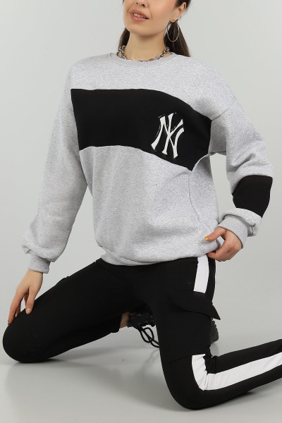 Gri Nakışlı İçi Şardonlu Bayan Sweat 146291