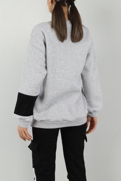 Gri Nakışlı İçi Şardonlu Bayan Sweat 146291