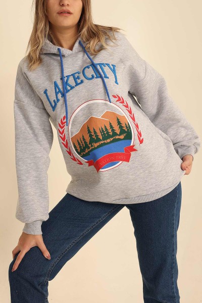 Gri Nakışlı İçi Şardonlu Bayan Sweat 218427
