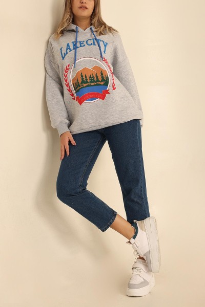 Gri Nakışlı İçi Şardonlu Bayan Sweat 218427
