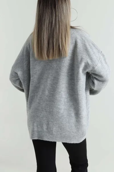 Gri Nakışlı Kadın Triko Hırka 487296