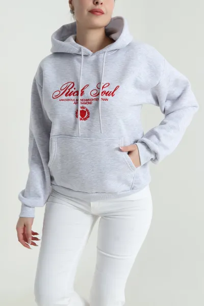 Gri Nakışlı Kapşonlu Üç İp Kadın Sweat 492605