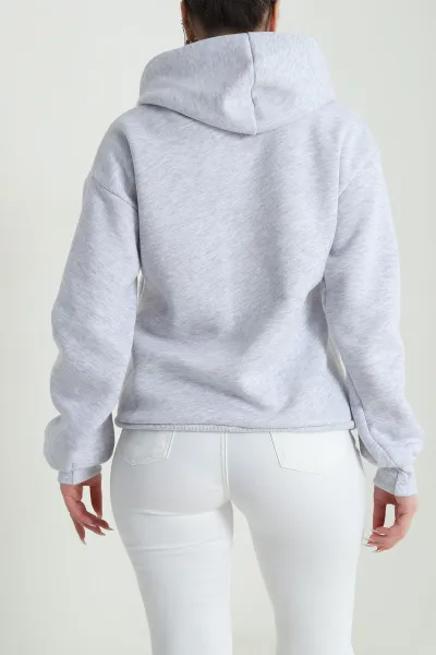 Gri Nakışlı Kapşonlu Üç İp Kadın Sweat 492605