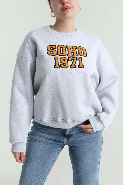 Gri Nakışlı Şardonlu Üç İp Kadın Sweat 493602