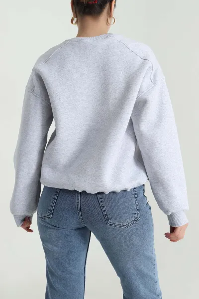 Gri Nakışlı Şardonlu Üç İp Kadın Sweat 493602