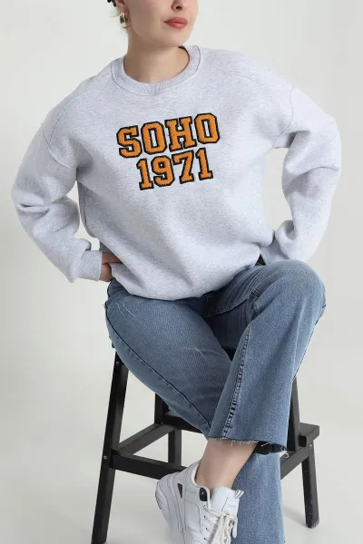 Gri Nakışlı Şardonlu Üç İp Kadın Sweat 493602