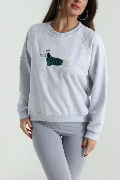 Gri Nakışlı Üç İp Kadın Sweat 492596