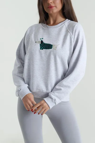 Gri Nakışlı Üç İp Kadın Sweat 492596