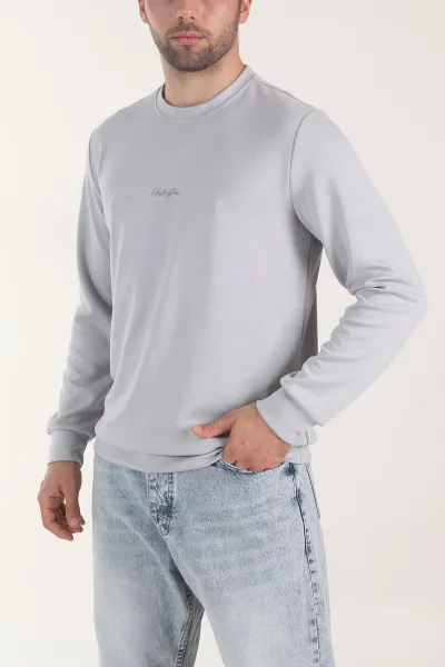 Gri Osyho Kumaş Yazı Detaylı Bisiklet Yaka Erkek Sweatshirt 407344