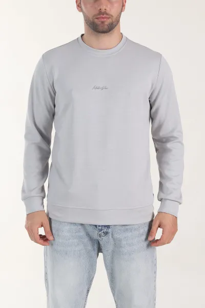 Gri Osyho Kumaş Yazı Detaylı Bisiklet Yaka Erkek Sweatshirt 407344