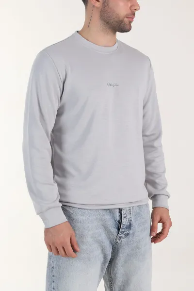 Gri Osyho Kumaş Yazı Detaylı Bisiklet Yaka Erkek Sweatshirt 407344