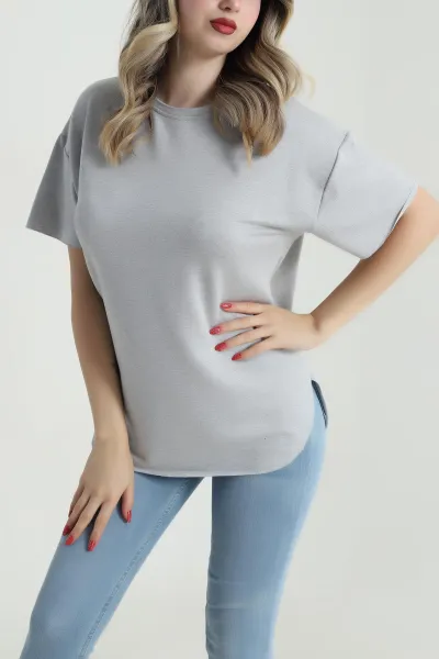 Gri Oval Kesim Kristal Kadın Tişört 485194