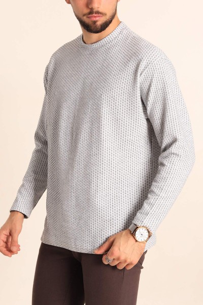 Gri Oversize Bisiklet Yaka Dokulu Erkek Sweat 212708