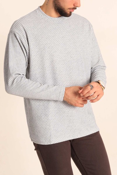 Gri Oversize Bisiklet Yaka Dokulu Erkek Sweat 212708