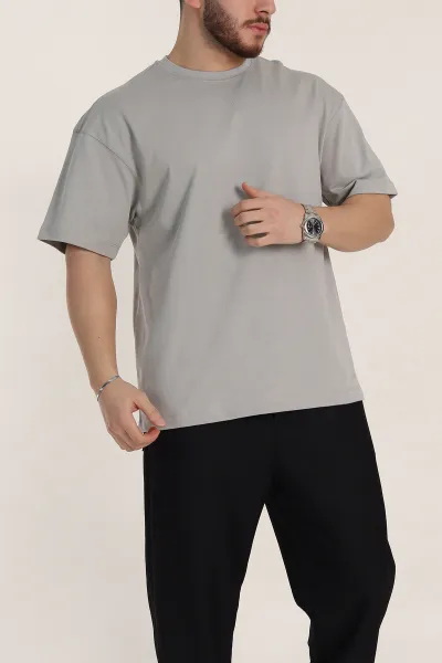 Gri Oversize Dikiş Detaylı Basic Erkek Tişört 348838