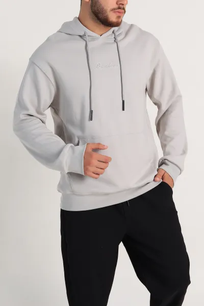 Gri Oversize Duble Kumaş Basic Erkek Kapüşonlu Sweatshirt 300187