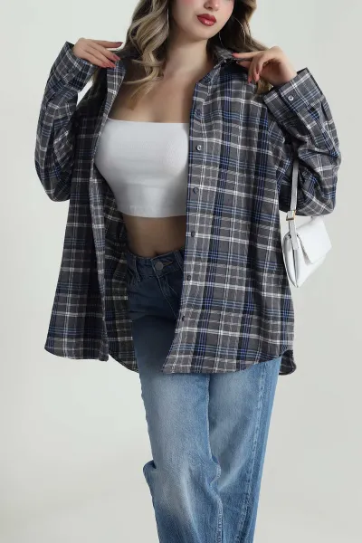 Gri Oversize Ekose Kadın Gömlek 485546