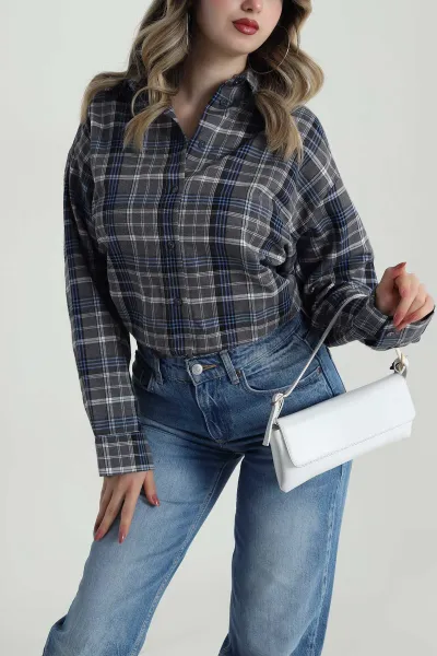 Gri Oversize Ekose Kadın Gömlek 485546
