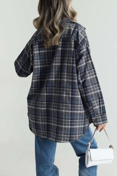 Gri Oversize Ekose Kadın Gömlek 485546