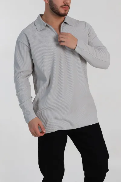 Gri Oversize Fitilli Doku Fermuarlı Polo Yaka Sweatshirt 324400