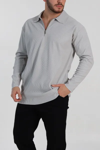 Gri Oversize Fitilli Doku Fermuarlı Polo Yaka Sweatshirt 324400