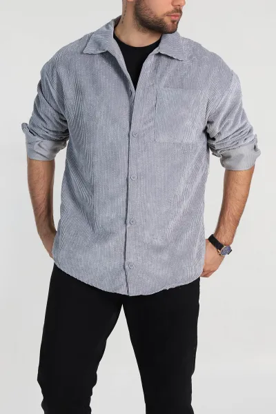 Gri Oversize Fitilli Kadife Cep Detaylı Erkek Gömlek 318413